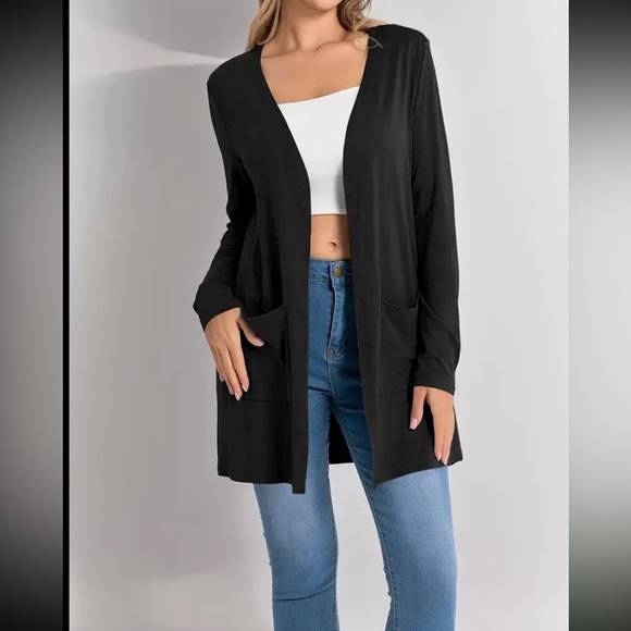 New Black longer style cardigan sweater with pockets womens XL 16 18 - Picture 3 of 6